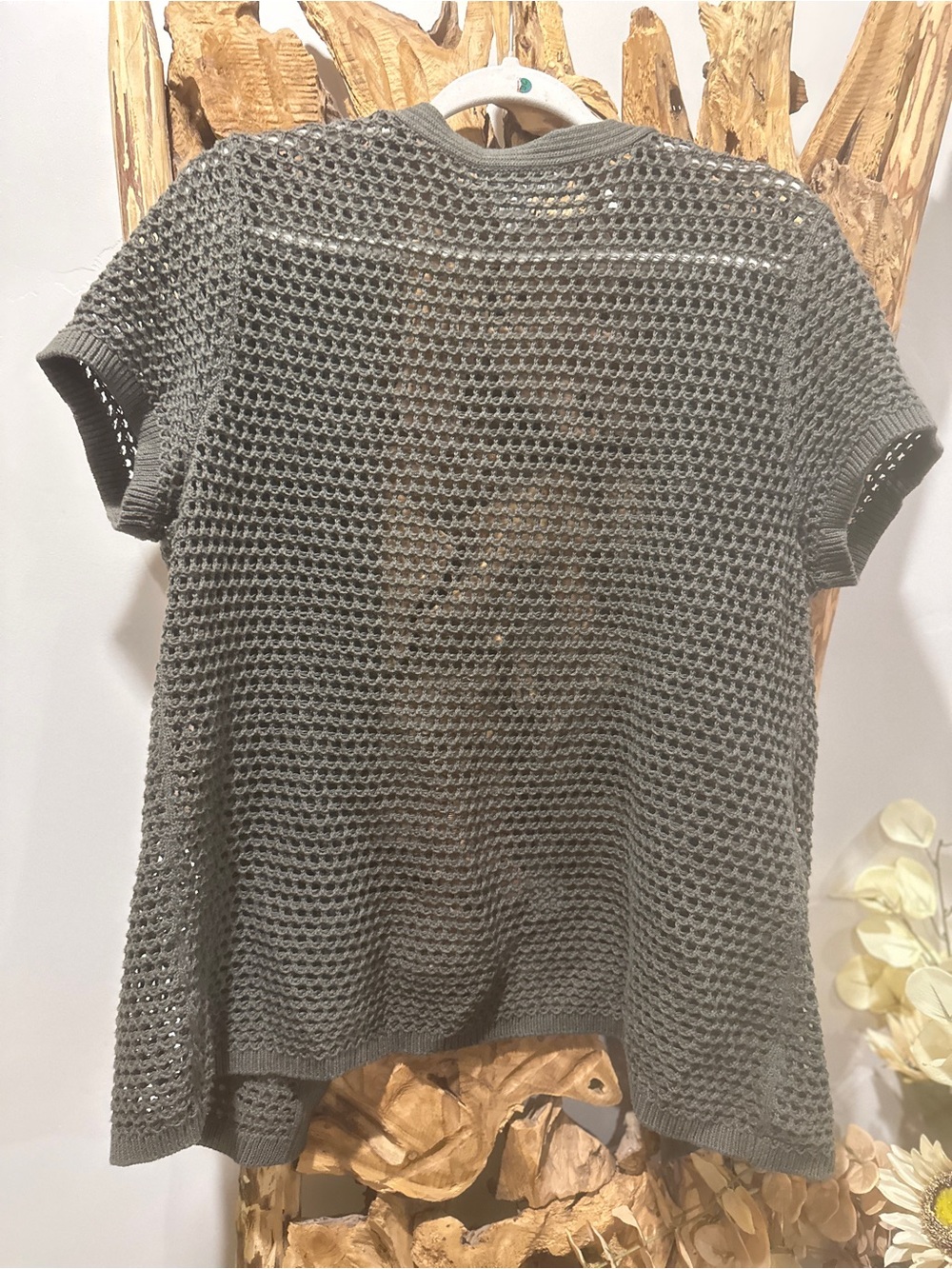 Christopher & Banks Olive Green Crochet Short-Sleeve Open Cardigan - Picture 4 of 4